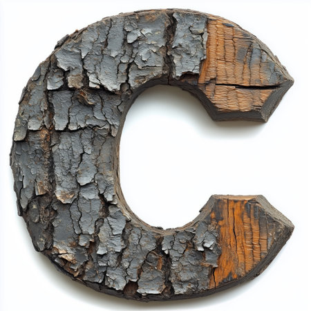 A close-up of the letter &quot;C&quot; carved from wood, featuring a natural bark texture, isolated on a white background.の素材