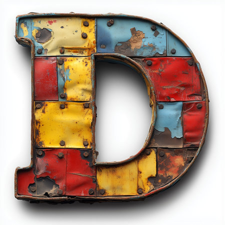 A close-up of the letter D, crafted from rusty metal panels with chipped paint and a patchwork design.の素材