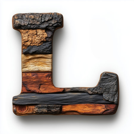 The letter L is formed by arranging various pieces of wood of different colors and textures. The wood is rustic and natural, creating a unique and visually interesting design.の素材