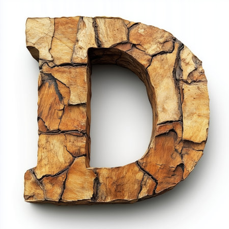 A single letter &quot;D&quot; carved from stone with a cracked texture, isolated on a white background.の素材