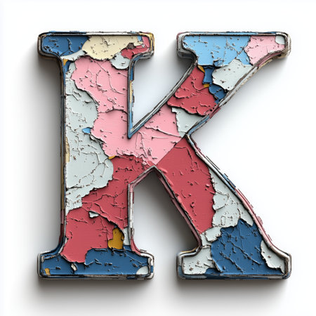 A distressed, 3D rendered letter K with peeling paint in shades of blue, pink, white, and yellow.の素材