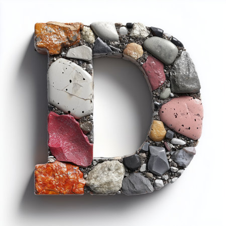 A close-up of the letter &quot;D&quot; formed from various stones and pebbles, isolated on a white background.の素材