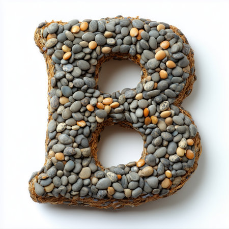 A close-up of the letter B formed by gray stones and seeds, isolated against a white background.の素材