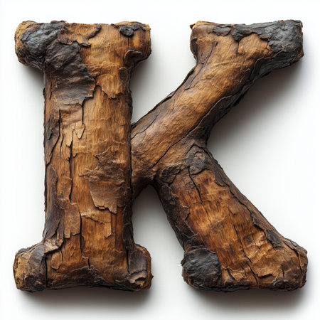 A close-up of the letter K, crafted from weathered, brown wood with a rough bark texture, isolated on a white background.の素材