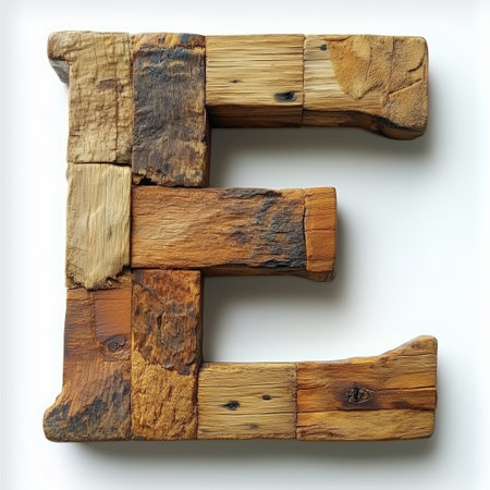 A close-up photograph of a wooden letter E constructed from multiple pieces of reclaimed wood.の素材