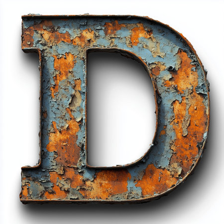 A close-up view of a rusty metal letter D with peeling blue paint isolated on a white background.の素材