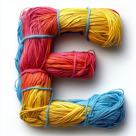 A close-up of a letter E formed from colorful yarn, arranged in a creative way.の素材