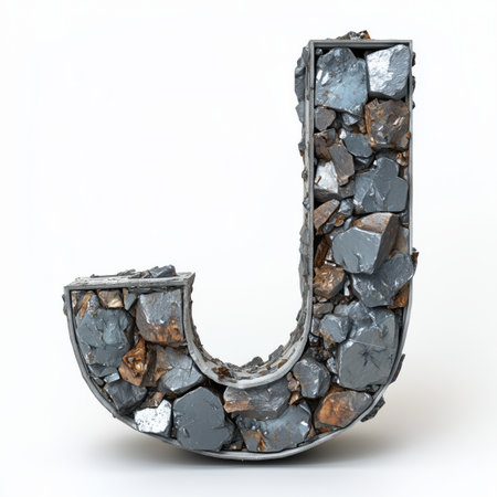 A 3D rendering of the letter J constructed from gray and brown rocks.の素材