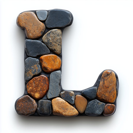 A close-up of the letter &quot;L&quot; created using a mosaic of various brown, grey, and black stones.の素材