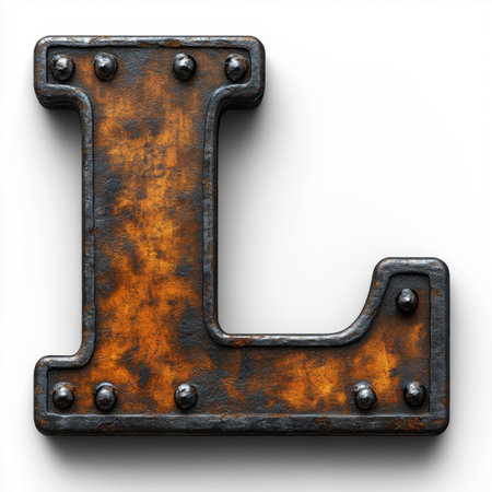 A close-up of a rusty metal letter L with rivets, isolated on a white background.の素材