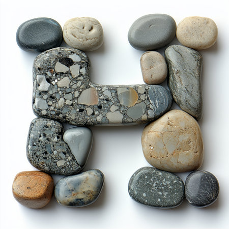 A close-up view of the letter &quot;H&quot; formed with smooth river rocks on a white background.の素材