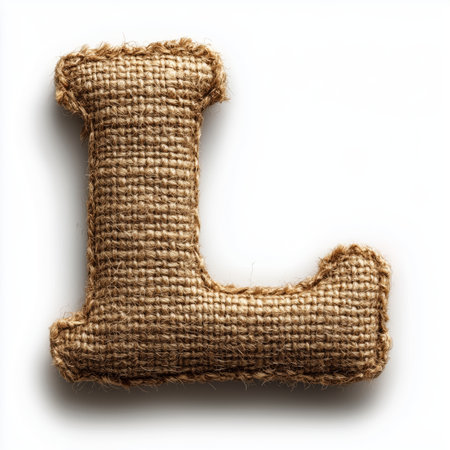 A close-up image of the capital letter L made from burlap fabric, isolated on a white background.の素材
