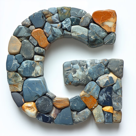 A close-up view of the letter G formed by a mosaic of stones in blue, grey, brown, and yellow hues.の素材