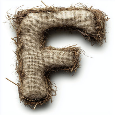 A close-up of the letter &quot;F&quot; crafted from burlap fabric and surrounded by dried grass, set against a white background.の素材