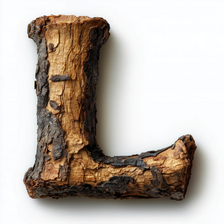A close-up of the letter L formed from rough tree bark, isolated on a white background.の素材