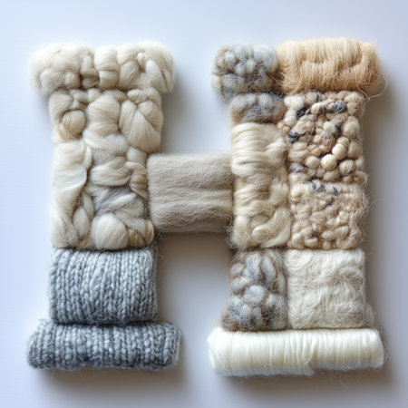 A close-up image of the letter &quot;H&quot; formed from various yarns and fabrics, including wool, cotton, and silk.の素材