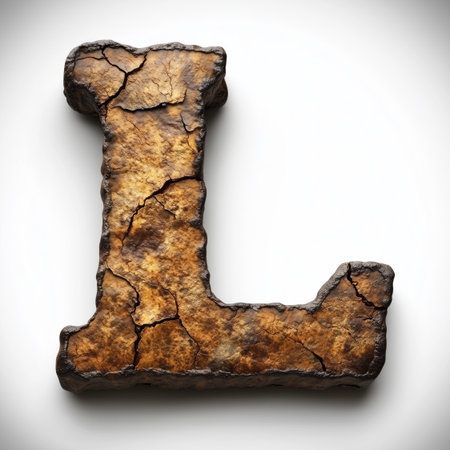 A 3D rendering of the letter L, formed from cracked and weathered stone with a brown and gold color scheme.の素材