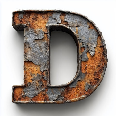 A close-up of a single letter D made from rusty metal with flaking paint.の素材
