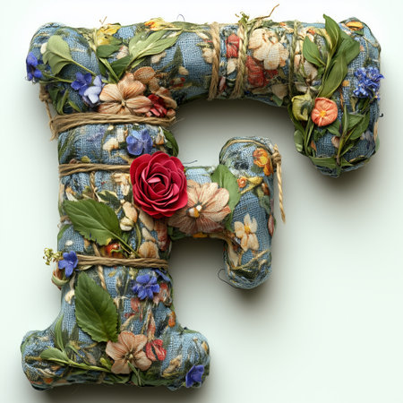 A floral letter F made from fabric, twine, and dried flowers.の素材