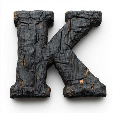 A close-up of the letter K carved from charred wood, isolated on a white background.の素材