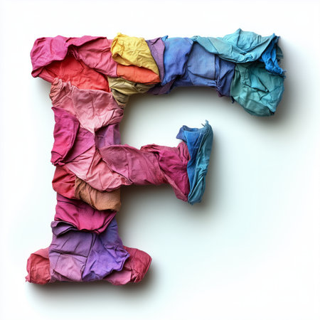 A colorful &quot;F&quot; letter created by arranging crumpled fabric pieces.の素材