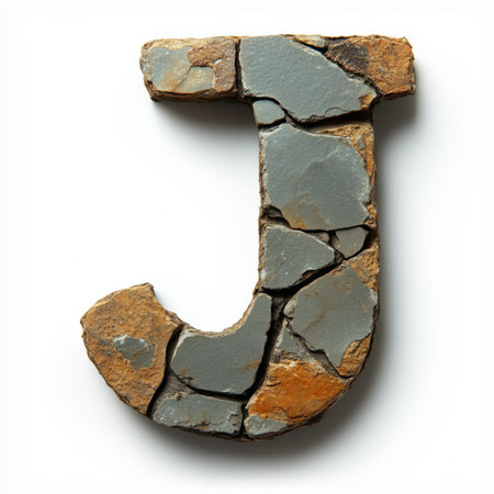 A close-up of the letter J formed from small gray and brown stones.の素材
