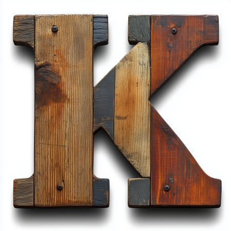 A close-up of a wooden letter K, isolated on a white background. The letter is made of different pieces of wood, with visible grain and nails.の素材