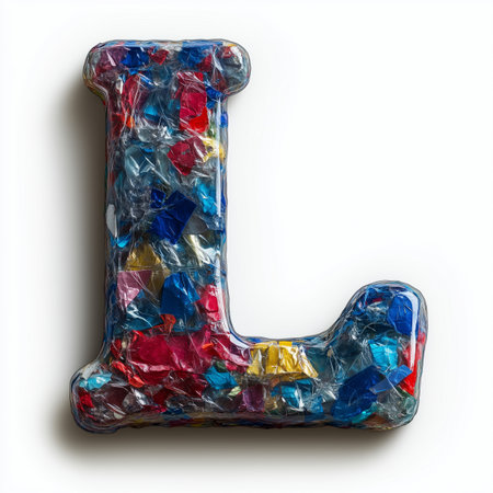 A close-up image of a letter L shaped resin block with embedded colorful confetti.の素材