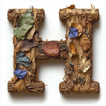 A close-up photograph of the letter &quot;H&quot; constructed from dried natural materials such as leaves, twigs, and bark, on a white background.の素材