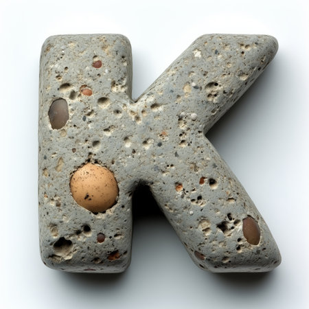 The image shows a letter K formed from a rough, gray stone with embedded eggs.の素材