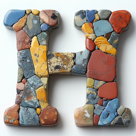 A close-up image of the letter H formed from various colorful polished stones.の素材