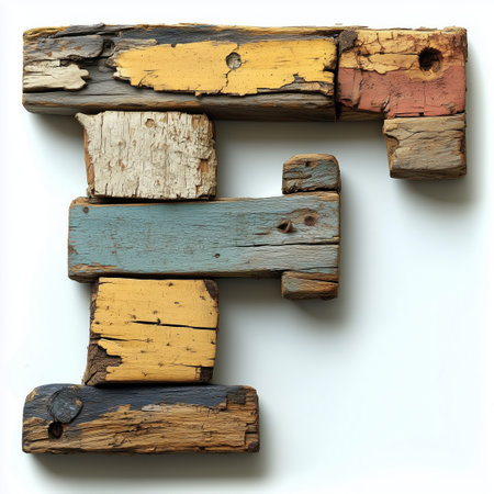 A close-up view of a wooden letter &#39;F&#39; made of weathered, reclaimed wood in a variety of colors, with a white background.の素材