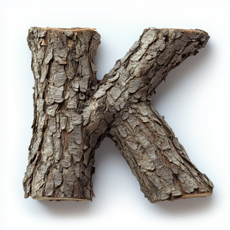 A close-up image of the letter K formed by a piece of tree bark on a white background.の素材
