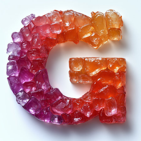 A close-up of a letter &quot;G&quot; formed from glossy, translucent, multi-colored cubes on a white background.の素材