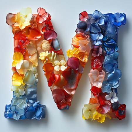 A glass sculpture of the letter M, formed from colorful, translucent floral shapes.の素材
