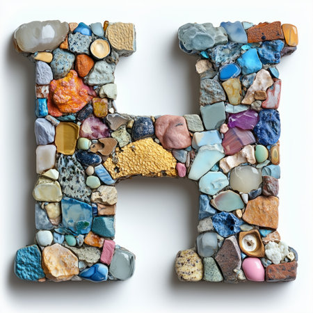 A close-up of the letter H formed by a diverse array of stones in various colors and textures.の素材