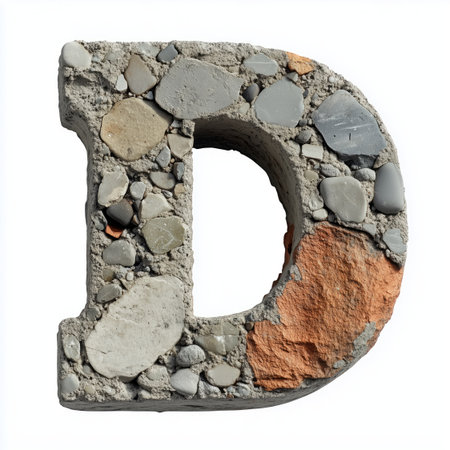 A close-up of a 3D rendering of the letter D formed from concrete with embedded pebbles and brick fragments.の素材