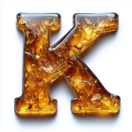 A close-up image of the letter K formed from golden resin, showcasing a translucent and textured appearance.の素材