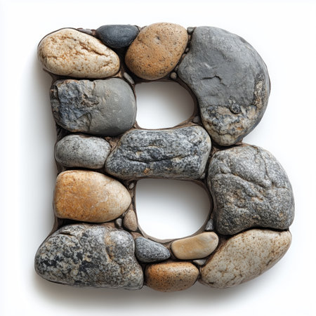 The image showcases a letter B formed by arranging various sized and colored smooth stones.の素材