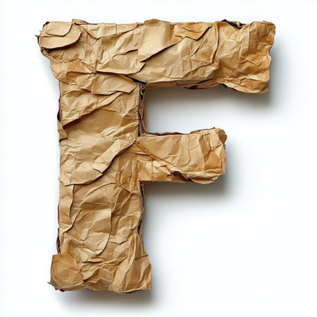 The letter F formed from a piece of crumpled brown paper against a white background.の素材