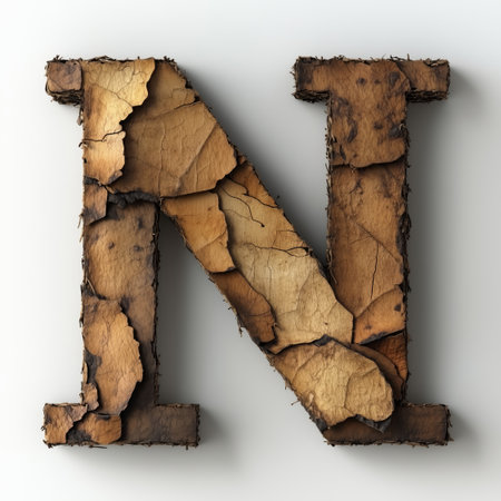 A close-up of the letter &quot;N&quot; created by layering pieces of cracked and dried tree bark.の素材