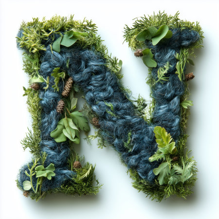 A close-up image of the letter &quot;N&quot; crafted with blue yarn and decorated with green leaves and pine cones on a white background.の素材
