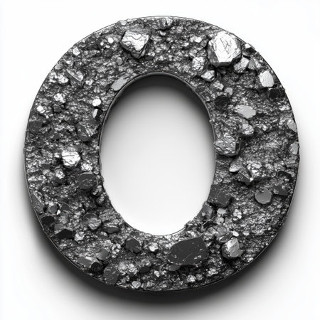 A 3D rendering of the letter &quot;O&quot; made from cracked and shattered pieces of a metallic substance, isolated on a white background.の素材