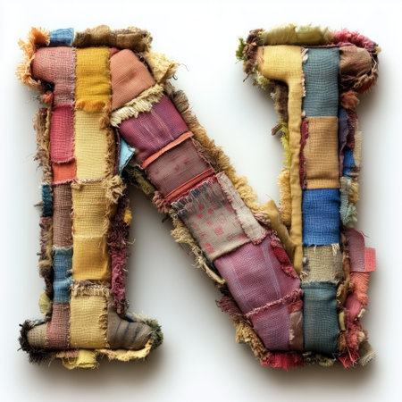 A close-up image of the letter &quot;N&quot; made from multicolored fabric scraps with frayed edges.の素材