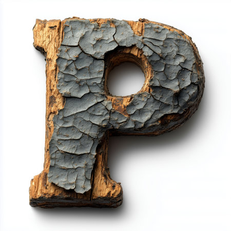 A close-up image of the letter &quot;P&quot; carved from wood with cracked, peeling gray paint.  The letter is isolated on a white background.の素材