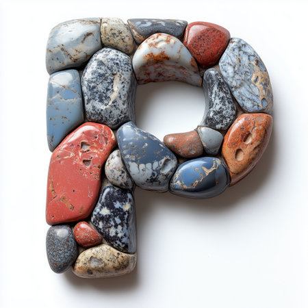 A letter &quot;P&quot; formed from various colorful stones on a white background.の素材
