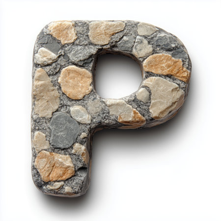 The letter P constructed from a collection of small and medium sized stones of varying beige, brown, and grey hues.の素材