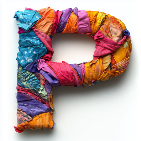 A close-up image of the letter &quot;P&quot; formed from a variety of colorful fabric scraps.の素材