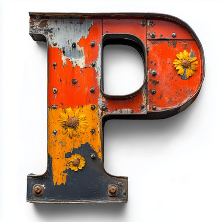 A close-up of a rusty metal letter &quot;P&quot; with yellow flowers attached.の素材
