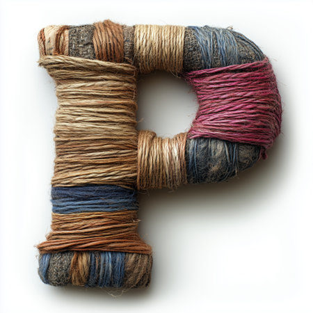 A close-up image of the letter &quot;P&quot; constructed with colorful twine, arranged to create a unique and textured letterform.の素材